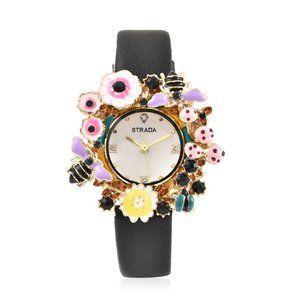 STRADA White & Blue Austrian Crystal Flora & Fauna Theme Nature-Inspired Watch